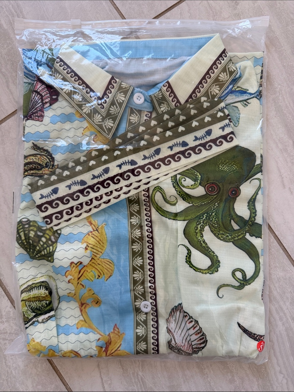 Ocean Motif Tie-Waist Mini Dress in Green & Light Blue NWT - Picture 4 of 4